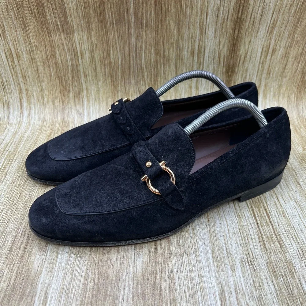 Salvatore Ferragamo Gancini Loafers Men's Size 9 E Black Suede Gold Hardware